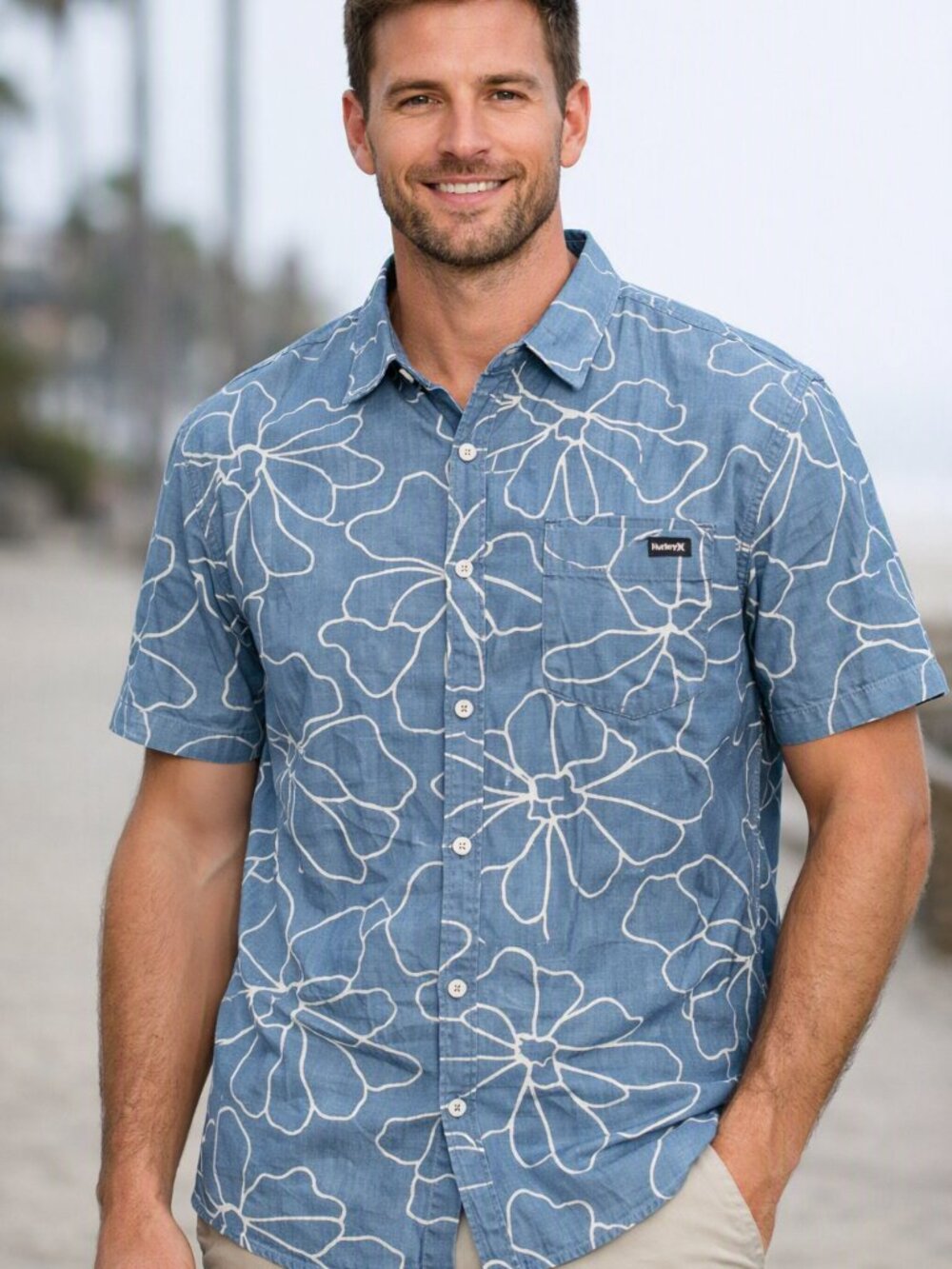 NWT Hurley Men’s Blue Floral Line Button‑Front Shirt Size Medium